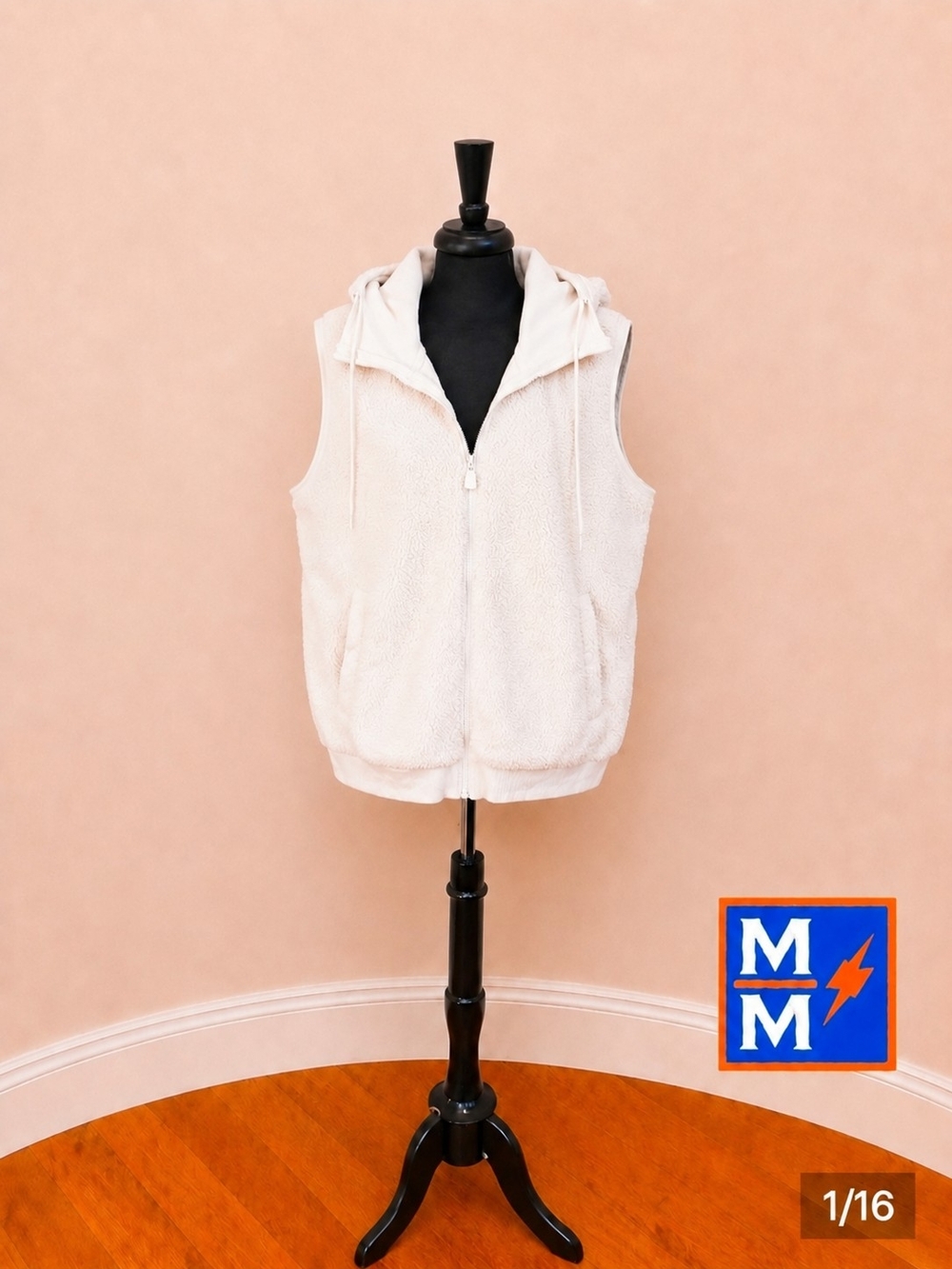 AVIA White Sherpa Fleece Hooded Vest XL 16-18 Cozy Full Zip Teddy Vest